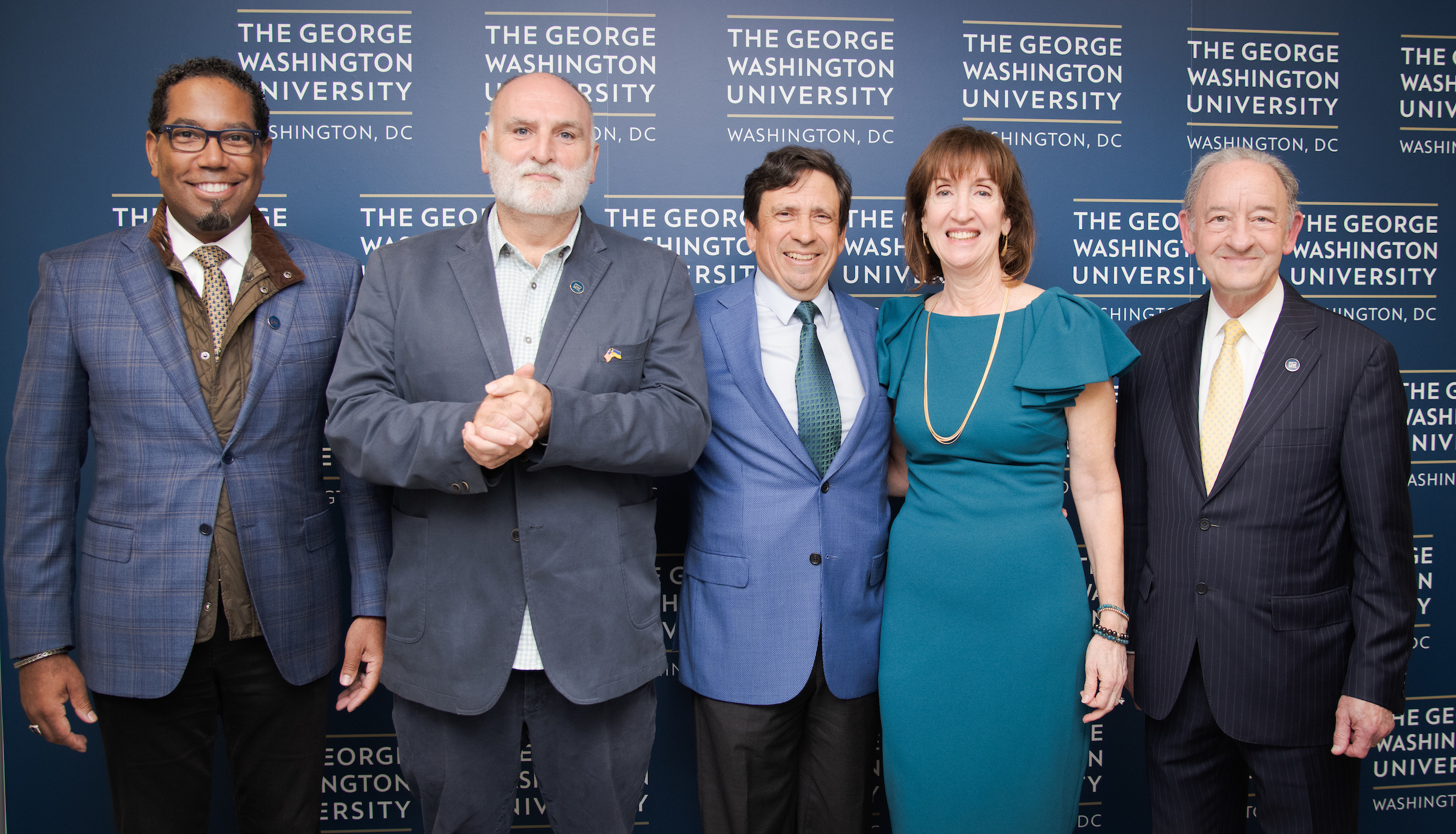 From left: Provost Bracey, José Andrés, Nelson Carbonell Jr., Michele Carbonell and President Wrighton gathered together at the celebration of the launch of the Global Food Institute. (Photo: Abby Greenawalt)