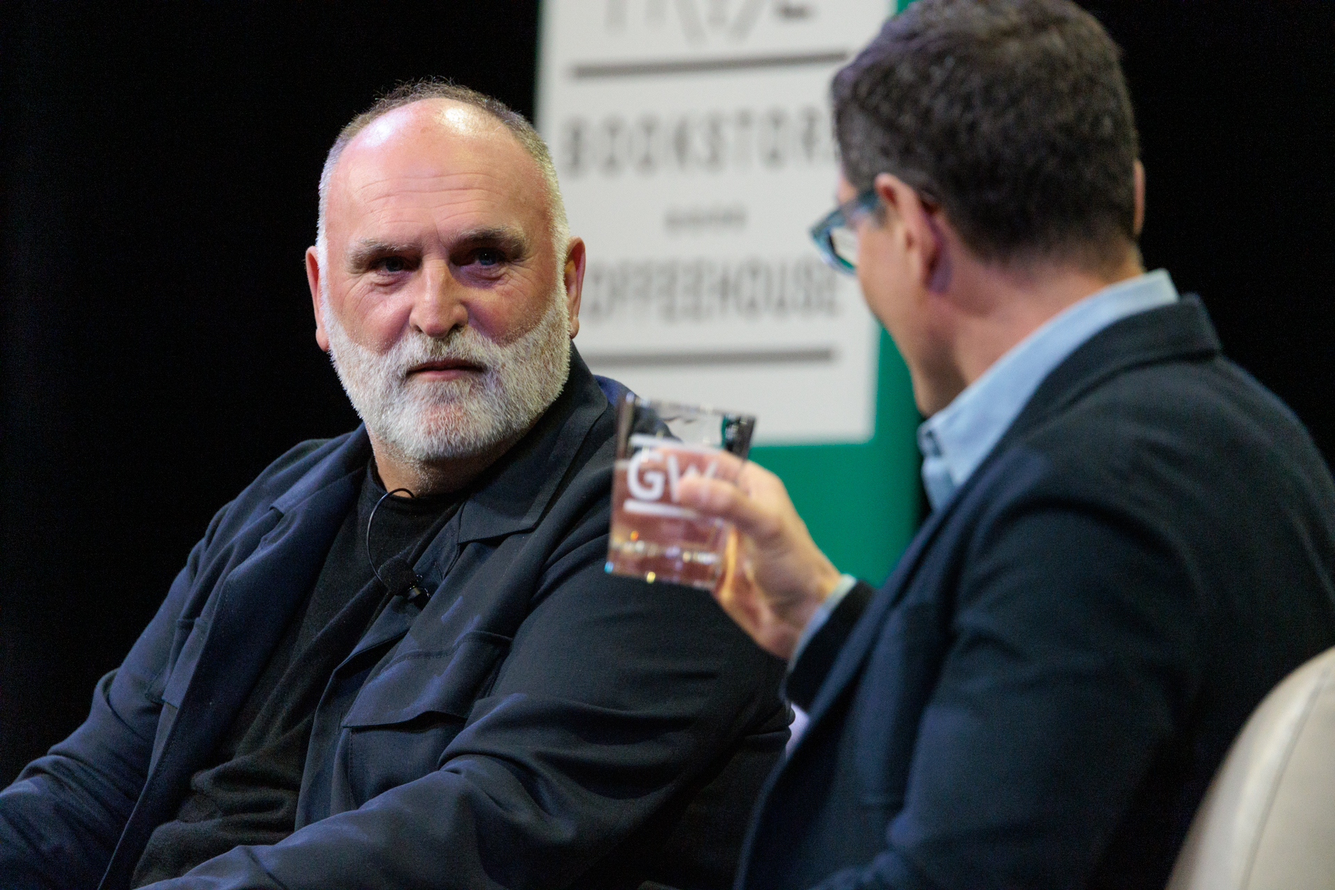 José Andrés discusses his path through the culinary and humanitarian worlds with journalist Guy Raz. (William Atkins/GW Today)