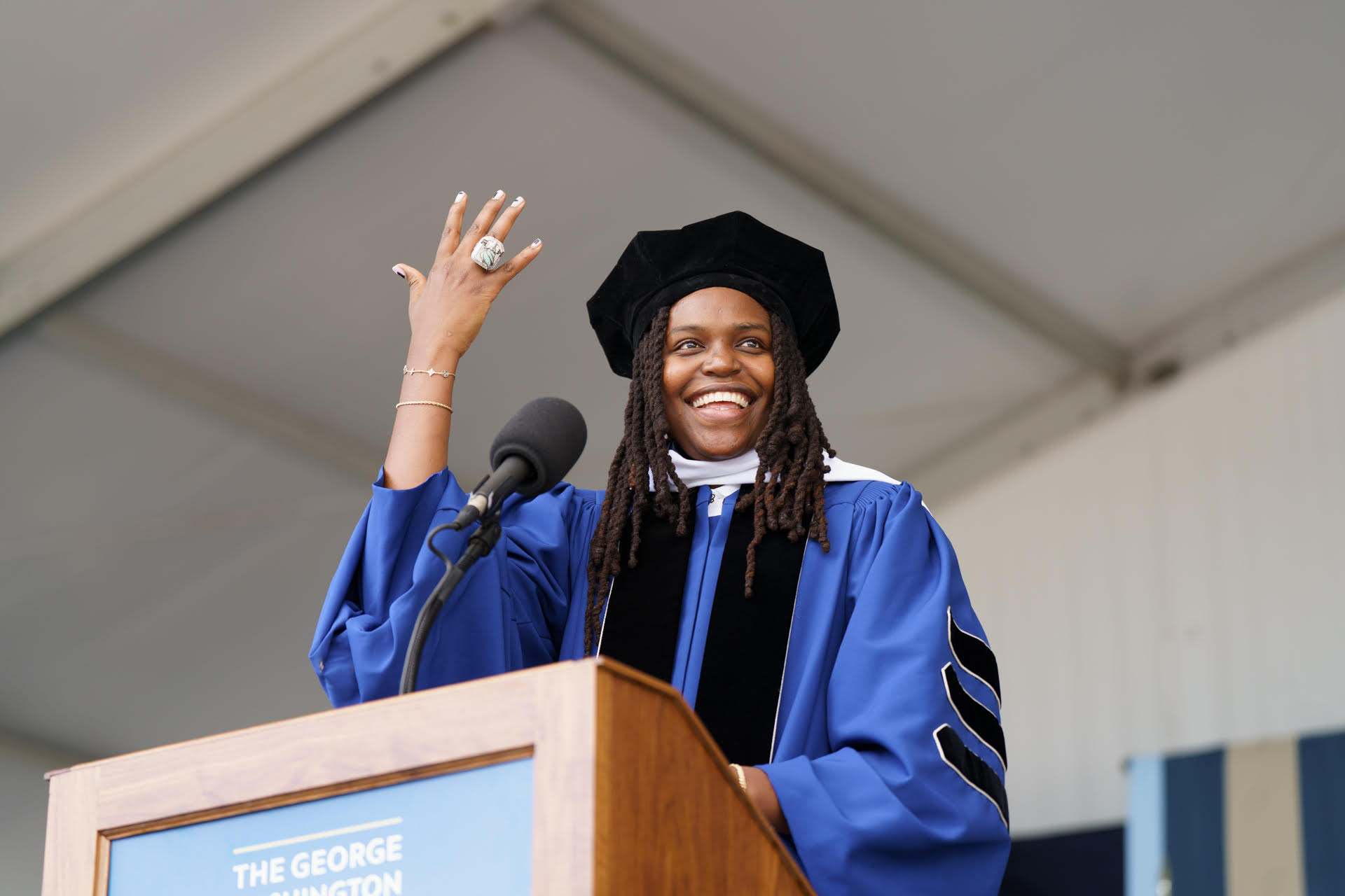 Commencement speaker Jonquel Jones told the graduates: “Your gut doesn’t lie. Trust that feeling. Because your instincts, your spirit, your gut—that is where your power lives." (Florence Shen/GW Today)