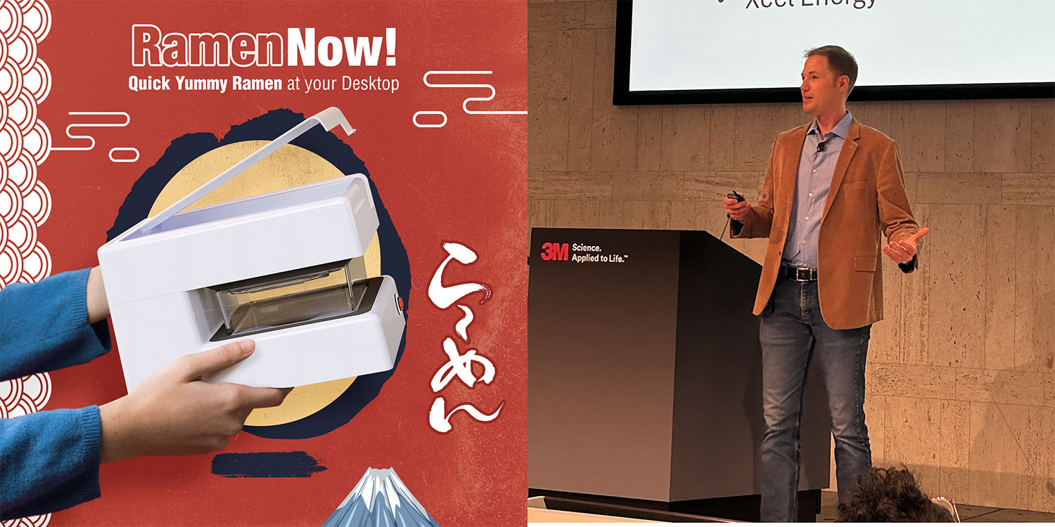 RamenNow! desktop ramen cooker on one side; the other side is a picture of Travis Thul at a speaking engagement