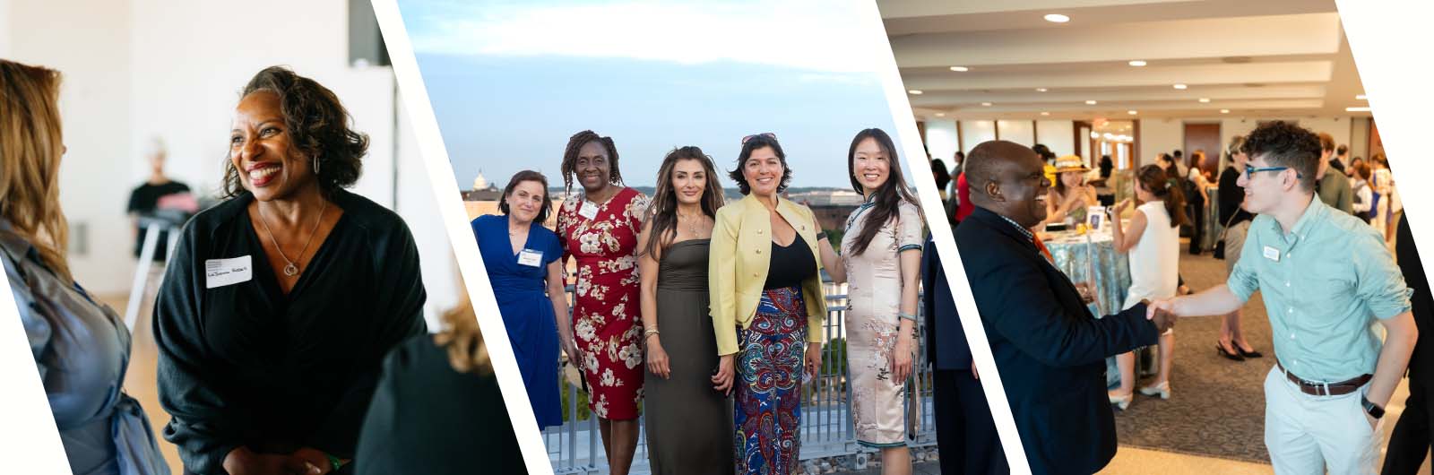 Photo collage: people at networking events; a group of women posing for a photo on a rooftop