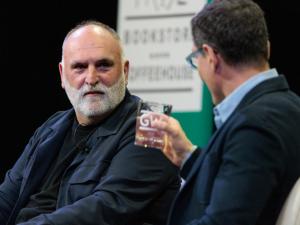 José Andrés discusses his path through the culinary and humanitarian worlds with journalist Guy Raz. (William Atkins/GW Today)