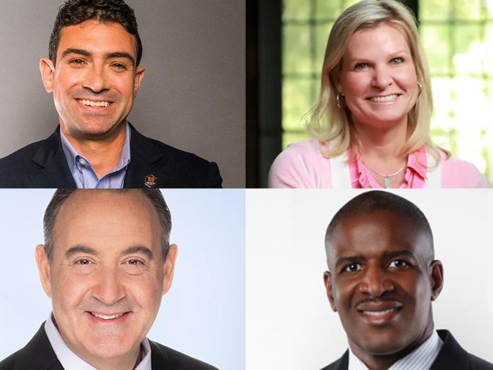 Clockwise from top left, Ted Segal, Stacie Lissette, Kevin Brown and Jonathan Perlin are joining the GW Board of Trustees. Pictured below, outgoing trustee Avram "Ave" Tucker.