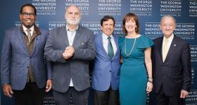From left: Provost Bracey, José Andrés, Nelson Carbonell Jr., Michele Carbonell and President Wrighton gathered together at the celebration of the launch of the Global Food Institute. (Photo: Abby Greenawalt)