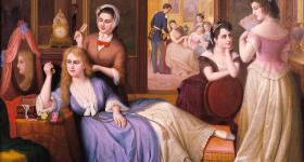 Artist Hans Heinrich Bebie depicted an 1870s hairstyling session in his painting “Conversation (Group of Baltimore Girls).” (Courtesy the Maryland Center for History and Culture)