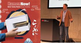 RamenNow! desktop ramen cooker on one side; the other side is a picture of Travis Thul at a speaking engagement